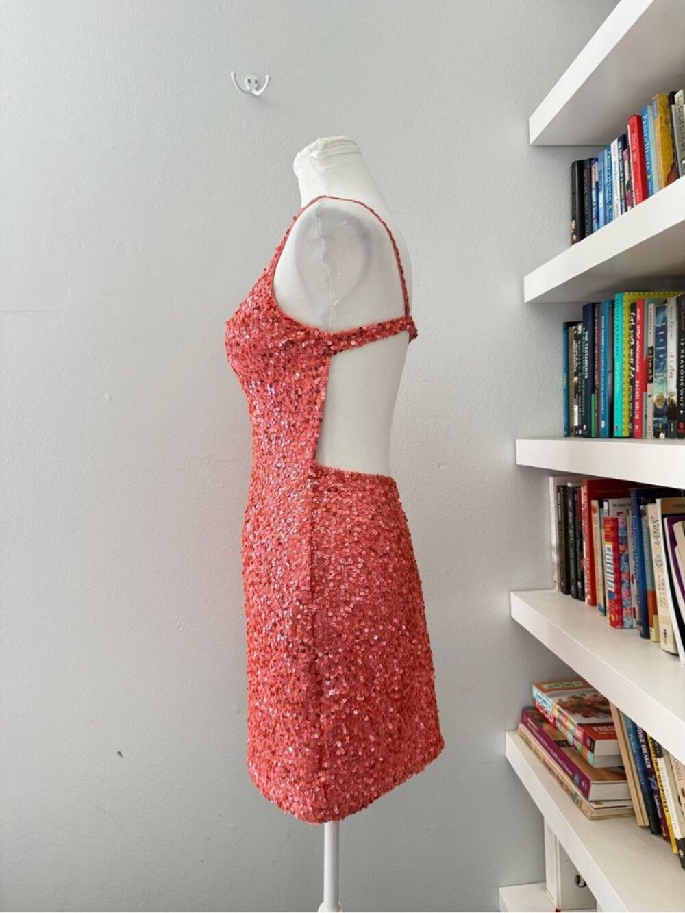 Scala Coral Sequin Mini Dress with Gem Ladder Detail Sz 4 - Picture 4 of 14